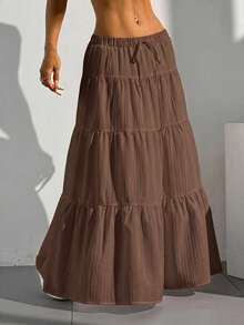 SHEIN EZwear Rok Wanita Ukuran Besar Kasual, Liburan, Sehari-hari, Perjalanan, Warna Polos, Pinggang Bertali, Hem Bertingkat, Musim Semi/Panas/Gugur - Coklat - View 11