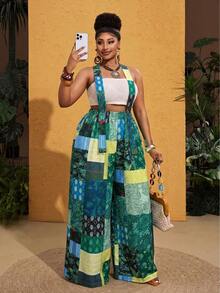 Maweii Plus Size Women Retro Patchwork Print Jumpsuit - Green - View 6