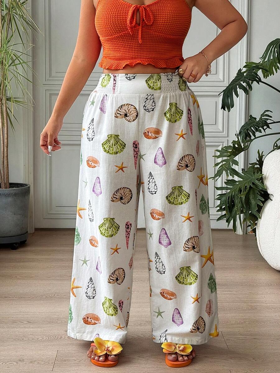 SHEIN EZwear 大码女式宽松高腰阔腿印花阔腿裤，适合海滩和度假穿着 - 彩色 - 查看 1
