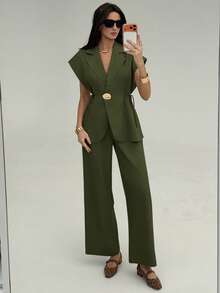 Aloruh Waist Tie Metal Decor Vest & Pants Commuter Suit Set - Army Green - View 4