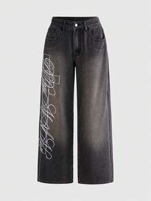 ROMWE Grunge Punk Quần jeans ống rộng dáng suông, thêu chữ và họa tiết chữ thập, chất liệu denim mài, thích hợp mặc hàng ngày đi làm, dành cho nữ, thời trang thường ngày. - Màu xám đen - Xem 6