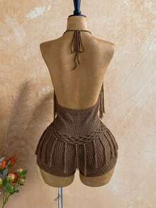 Soleia Bộ jumpsuit dệt kim hở lưng gợi cảm dành cho nữ, có tua rua, thích hợp cho bãi biển và kỳ nghỉ. - Cà phê nâu - Xem 2