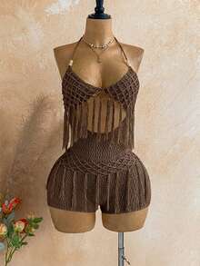 Soleia Bộ jumpsuit dệt kim hở lưng gợi cảm dành cho nữ, có tua rua, thích hợp cho bãi biển và kỳ nghỉ. - Cà phê nâu - Xem 6