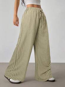 SHEIN PETITE Pantalones sueltos de cintura elástica a rayas casuales para mujeres, mujeres de talla pequeña - verde menta - Ver 6