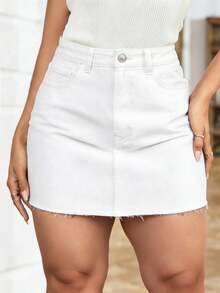 SHEIN ICON 大码女式休闲舒适白色无弹力牛仔迷你裙 - 白色 - 查看 1