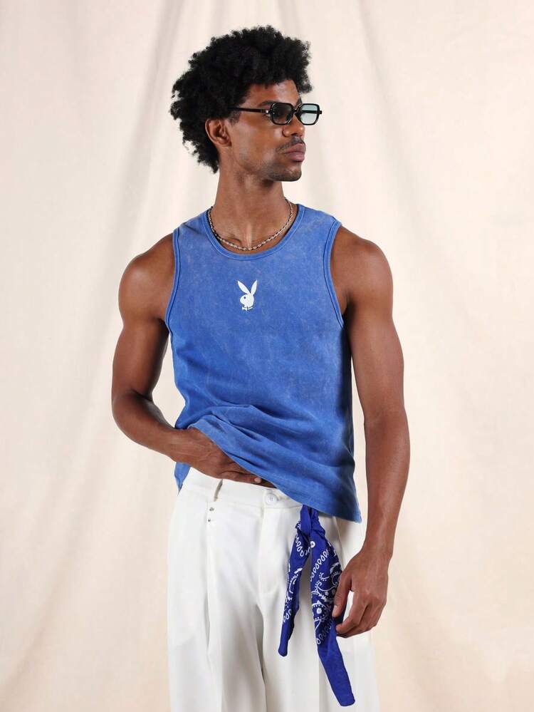 PLAYBOY X SUMWON Regata Canelada Lavada com Estampa do Logotipo do Coelho no Peito e Texto Completo nas Costas, Gola Careca, Sem Mangas, Top de Verão