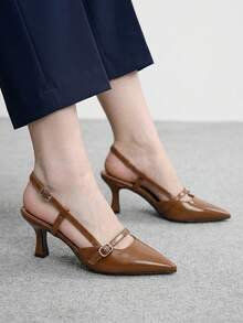 CUCCOO BIZCHIC Giày Slingback đi làm đa năng, mũi nhọn da bóng gót mảnh cổ thấp cho nữ - màu nâu - Xem 1