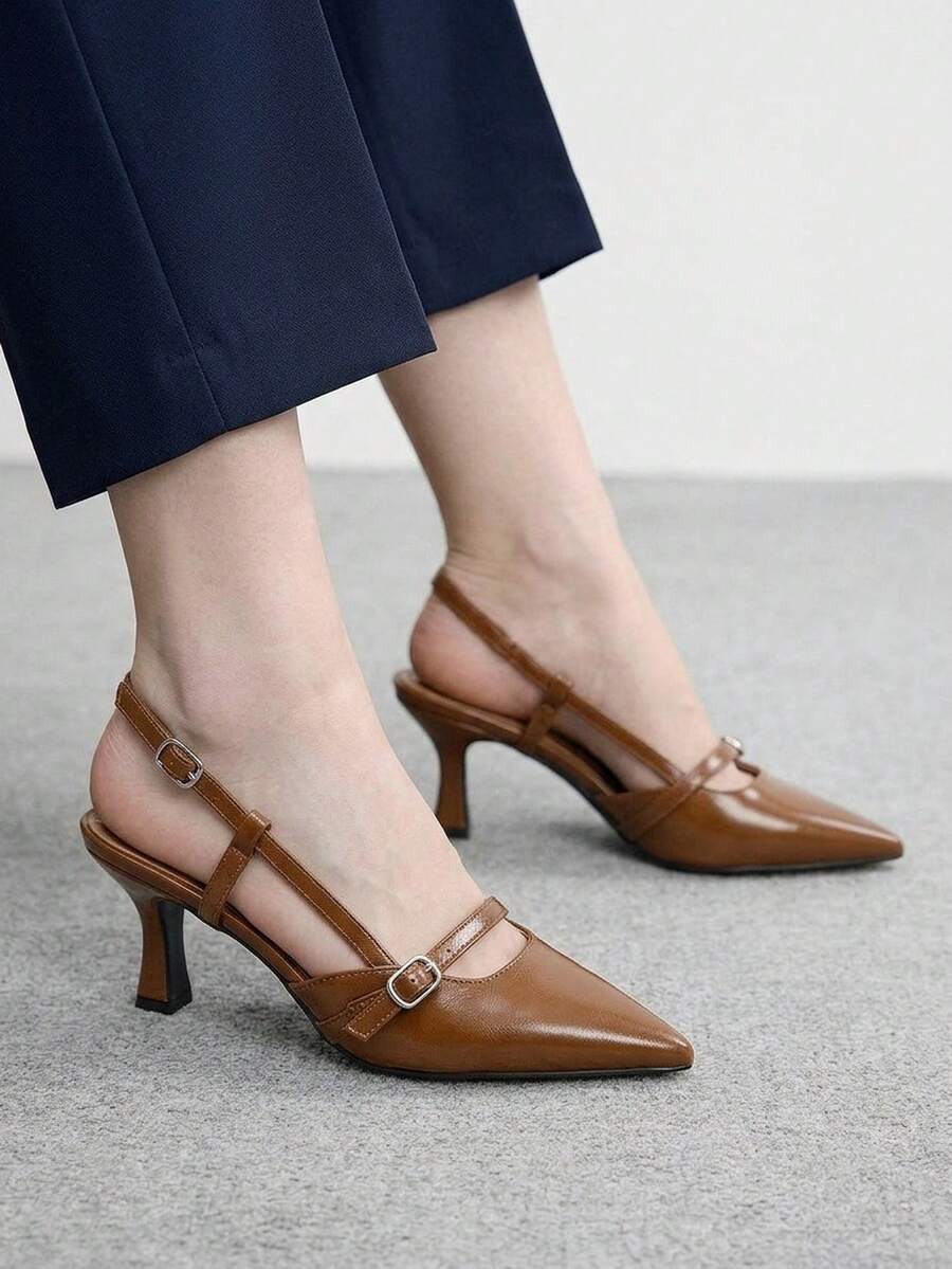 CUCCOO BIZCHIC Giày Slingback đi làm đa năng, mũi nhọn da bóng gót mảnh cổ thấp cho nữ - màu nâu - Xem 1