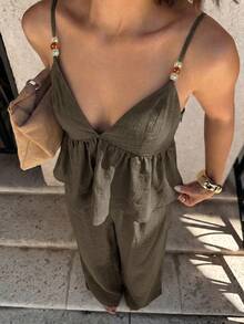 Siren Gaze Women's Solid Color Minimalist Camisole Top And Pants 2 Pieces Set - Army Green - View 8