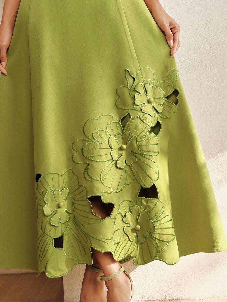 Women's Green Sleeveless High-Low A-Line Dress, Premium Embroidered 3D Floral Elegant Spring/Summer Dress, Avocado Green Everyday Wear