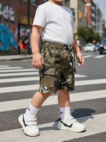Toddler Boys' Denim Shorts, New Arrival, Fashion Minimalist Retro Street Camo Print Patch Pocket Design, Comfortable Cotton Denim Cargo Pants, Suitable For Casual Outings, Sports, Travel & Vacation - Khaki - View 3