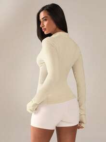 SHEIN BAE Chaqueta deportiva ajustada con cremallera frontal de unicolor - Amarillo claro - Ver 2