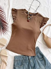 Soleia WYWH Vacation Ruffle Trim Ribbed White Knit Tee,Summer Top - Coffee Brown - View 4