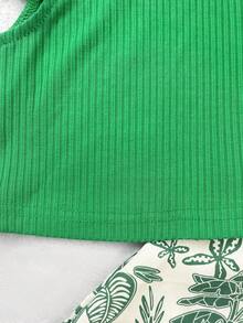 SHEIN 女嬰純色圓領荷葉袖羅紋T恤與印花長褲度假套裝 - 彩色 - 查看 4