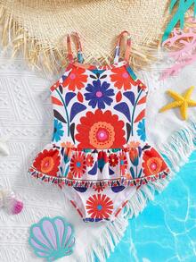 SHEIN Baby Girl Floral Print Ruffle Trim One-Piece Swimsuit For Beach Vacation - Multicolor - View 3
