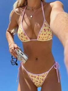 Sweetra Women's Casual Vacation Striped Sexy Halter Bikini Two Pieces Swimsuit Cheetah Print Gingham Trim Bikini Vacation Bikini Floral Bikini Tanning Summer - Multicolor - View 4