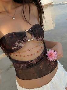 Aloruh 春夏新款性感Y2K个性串珠无肩带露脐上衣，金属装饰动物纹绿色网纱印花无肩带露脐上衣，性感派对音乐节上衣，圣帕特里克节无肩带露脐上衣 - 棕色 - 查看 7