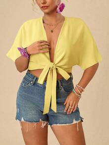Travachic Plus Size Summer Minimalist Solid Color Front Knot Batwing Sleeve Shirt - Light Yellow - View 4