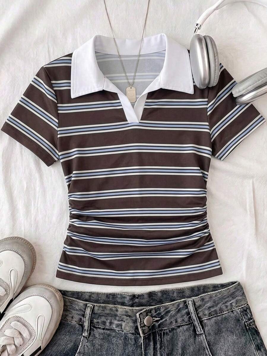 Attitoon Áo thun nữ dệt kim cổ polo màu trắng phối tương phản, kiểu dáng tối giản, thoải mái, phù hợp cho mùa xuân và mùa hè. - Nhiều màu - Xem 1