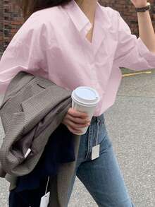 DAZY Women's Spring/Summer Loose Drop Shoulder Long Sleeve Solid Color Casual Shirt School - Pink - View 4