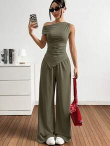 SHEIN EZwear 女士不对称下摆上衣和斜插口袋长裤休闲针织两件套，军绿色 - 軍綠色 - 查看 3