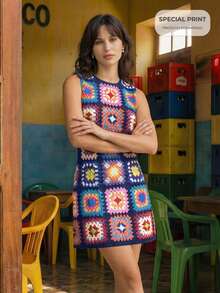 CAJUNI Women's Vacation Navy Blue Polka Dot Crochet Applique Round Neck Dress Summer Boho Chic - Navy Blue - View 1