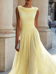 SHEIN Raffinéa Elegant Minimalist Fashion Date/Commute Fitted Sleeveless Round Neck Chiffon Dress For Women - Light Yellow - View 4