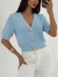 Aloruh Cárdigan de manga corta con decoración de estrella de mar tejido para mujer, ideal para vacaciones de primavera/verano - Celeste - Ver 5