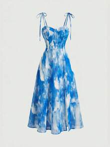 SHEIN MOD Đầm hai dây nữ mùa hè đi biển, in họa tiết tie-dye, thắt nút vai và eo. - Màu xanh lam - Xem 5