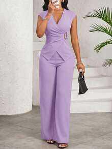 SHEIN Lady Bộ đồ nữ thanh lịch 2 mảnh gồm áo cổ chữ V xếp ly và quần dài, màu tím. - Màu tím - Xem 6