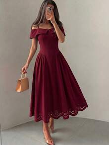 Modelyn 女款優雅編織紅色收腰露肩A字洋裝 - 酒紅色 - 查看 10