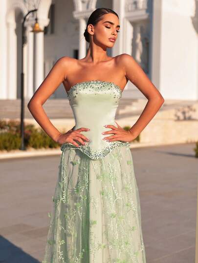 Glamrae Elegant Light Green Satin Patchwork 3D Beaded Embroidered Floral Bustier Luxurious Sequins Decorated A-Line Maxi Dress With Adjustable Tie Waist, Suitable For Dates, Vacations, Parties, Weddings, Graduations, Formal Events