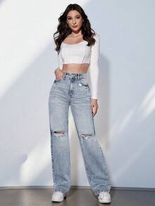 SHEIN ICON Jeans desgarro de pierna ancha de talle alto - Lavado ligero - Ver 5
