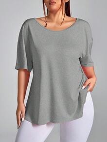 SHEIN Velisys Plus Size Women's Solid Color Sports Backless Short Sleeve T-Shirt - Multicolor - View 8