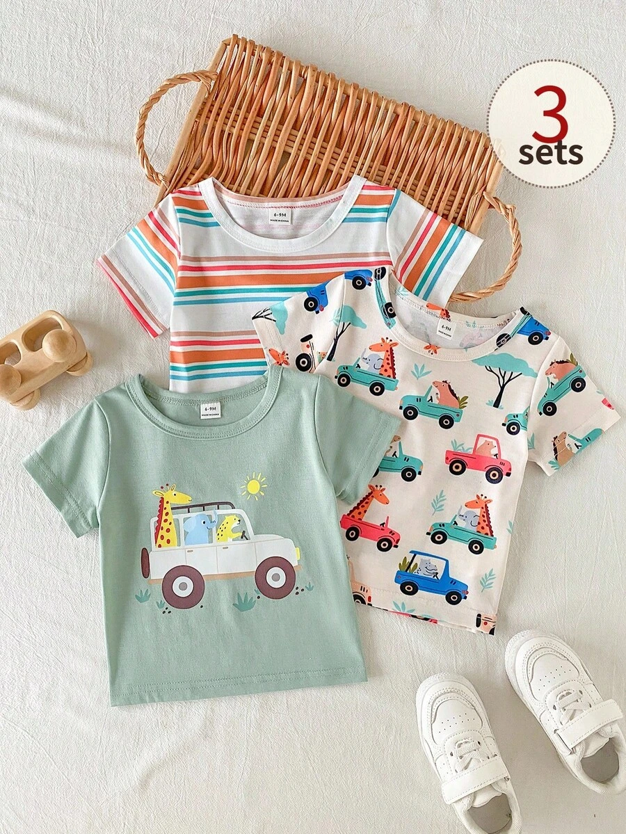 SHEIN Playful Pals 3件套幼儿休闲恐龙图案针织套装,短袖T恤,春夏款 - 彩色 - 查看 1