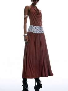 LYSMO 2026 New Arrive Minimalism Spring/Summer Women's Lace Patchwork Ruffle Casual Party Midi Dress Summer Outfits Festival Outfits For Women Elegant Party Dress  Brown Dress - Coffee Brown - View 8