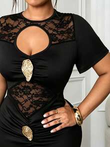 Villa Velisse Plus Size Women Elegant Sexy Fitted Contrast Lace Long Dress Cocktail Black Summer - Black - View 3