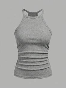 Slaydiva Women's Grey Summer Casual Everyday Home Ribbed Tank Top, Basic Versatile Solid Crew Neck Racer Back Off-Shoulder Vest For Party, Sports Yoga, Beach - Grey - View 3