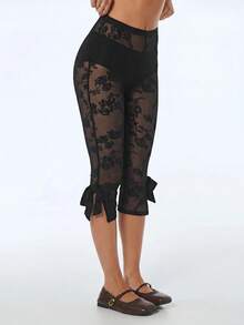 SHEIN ICON Quần đen phối ren dành cho nữ - màu đen - Xem 3