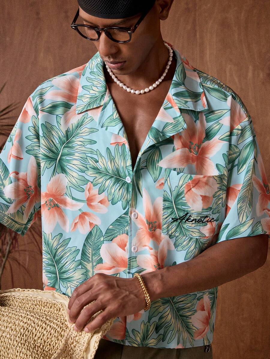 AKNOTIC Men's Loose Fit Front Button Casual Shirt With All-Over Print, Short Sleeve, Summer, Vacation, Father's Day Gifts - Multicolor - View 1