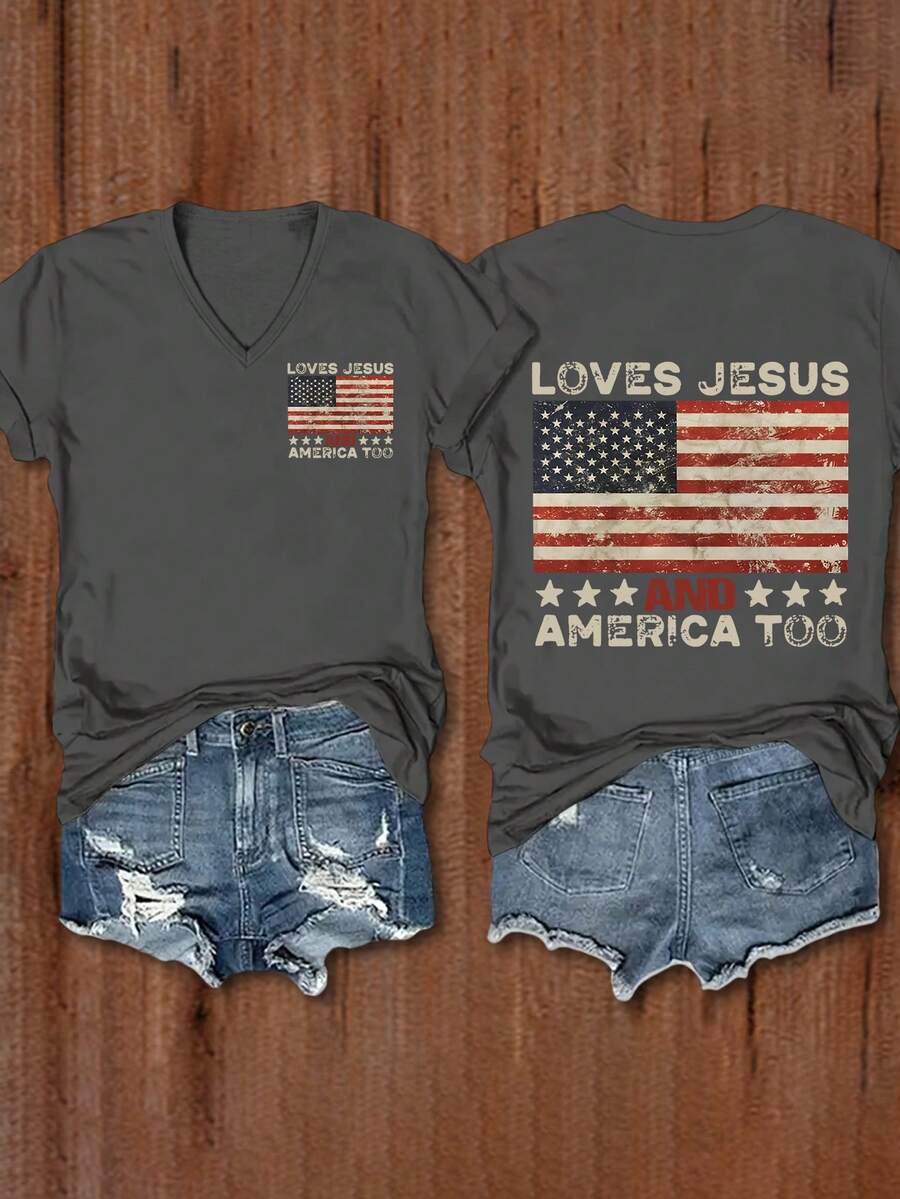 EMERY ROSE Women's V-Neck Flag English Text Graphic T-Shirt, Casual Everyday Wear Going Out Dark Grey Summer - Grey - View 1