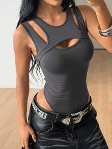 SHEIN ICON 女士纯色镂空设计休闲连体衣 - 灰色 - 查看 3