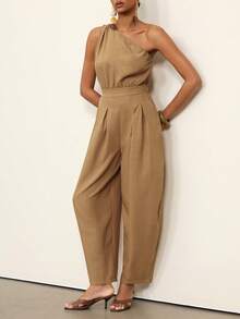 Vesra Bộ jumpsuit nữ dáng rộng, xếp ly, bất đối xứng, có túi vai, chất liệu vải dệt họa tiết, kiểu dáng thường ngày. - Màu Khaki - Xem 5