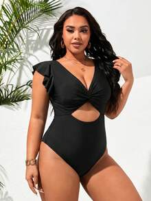 Swim Lushoire Plus Size Solid Color Twist Hollow One-Piece Swimsuit - Black - View 3