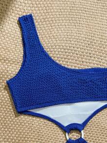 SHEIN Tween Girls One-Piece Swimsuit, Cute Blue Wavy Pattern, Knit Fabric, One Shoulder Strap, Center Ring, Regular Leg, One-Piece Set, Fashionable Elegant, Suitable For Swimming, Summer Vacation, Beach, Pool, Holiday Party - Navy Blue - View 4