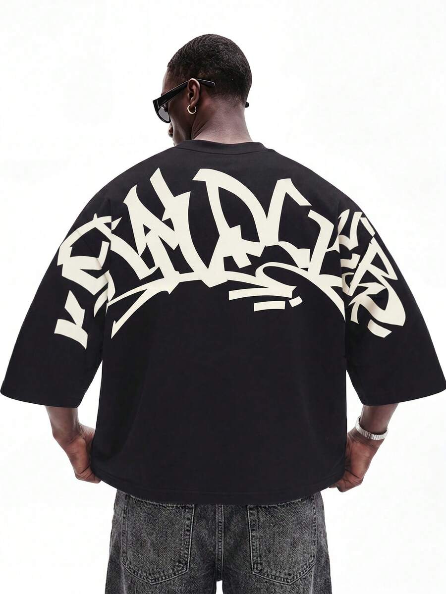 STYNVO Men's Letter Print Loose Fit Round Neck Casual T-Shirt, Summer, Holiday - Black - View 1