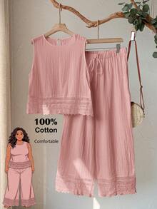 Rusticease Plus Size Women's Casual Vacation Pink Lace Patchwork Sleeveless Top And Pants 2 Piece Set, Summer Vacation - Pink - View 1