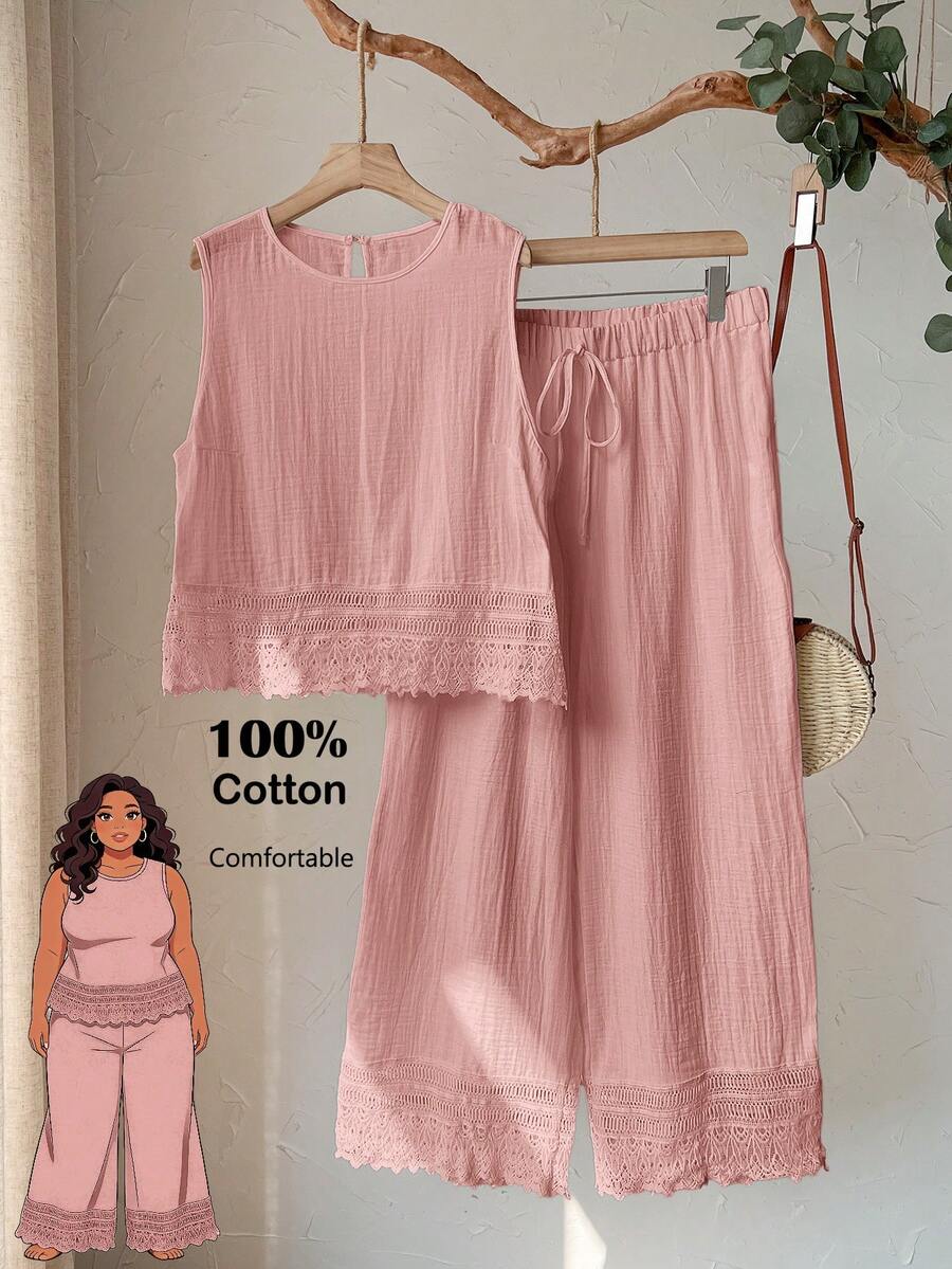 Rusticease Plus Size Women's Casual Vacation Pink Lace Patchwork Sleeveless Top And Pants 2 Piece Set, Summer Vacation - Pink - View 1