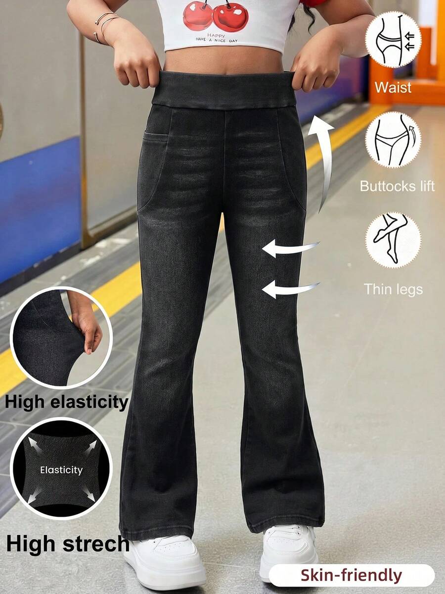 SHEIN Celana Jeans Hitam Model Flare Stretch untuk Remaja Perempuan, Cocok untuk Liburan Olahraga dan Piala Dunia. - Hitam - View 1