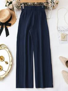 SHEIN PETITE CURVE Plus Size Solid Color Minimalist Commuter Elastic Waist Casual Pants - Navy Blue - View 7